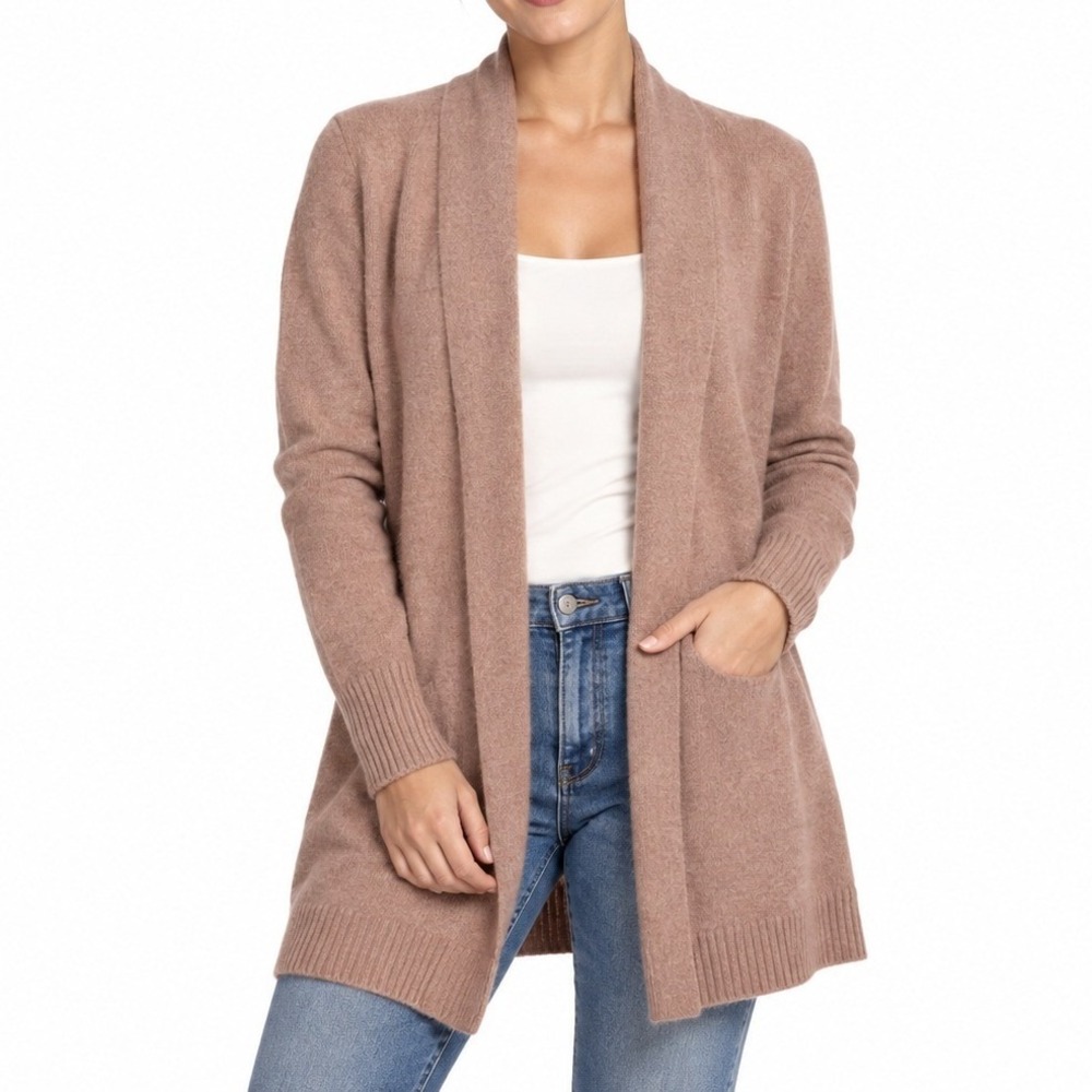 Charter Club Cardigan Women PS Small Tan 100% Cashmere Open Front Luxury Petite